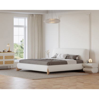 HMR Curva Boucle Queen Upholstered Platform Bed with Natural Legs - White, 60"Wx 80"L, Natural