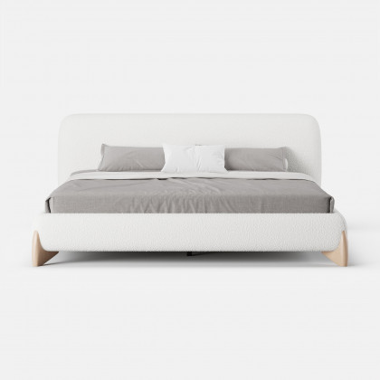 HMR Curva Boucle Queen Upholstered Platform Bed with Natural Legs - White, 60"Wx 80"L, Natural