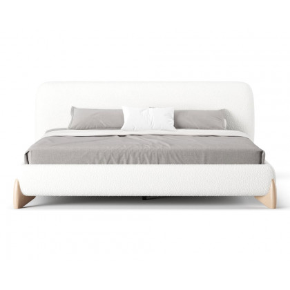 HMR Curva Boucle Queen Upholstered Platform Bed with Natural Legs - White, 60"Wx 80"L, Natural