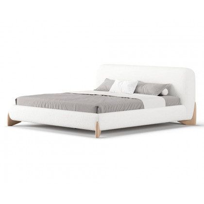 HMR Curva Boucle Queen Upholstered Platform Bed with Natural Legs - White, 60"Wx 80"L, Natural