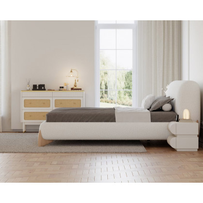 HMR Curva Boucle Queen Upholstered Platform Bed with Natural Legs - White, 60"Wx 80"L, Natural