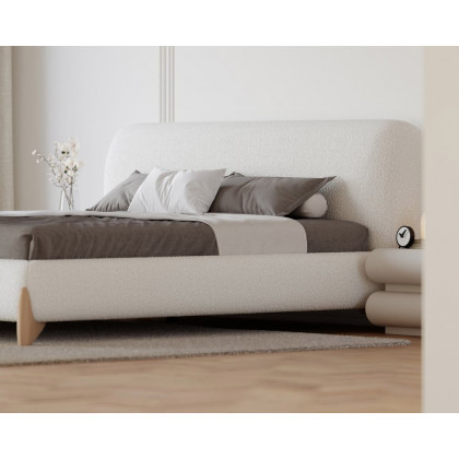HMR Curva Boucle Queen Upholstered Platform Bed with Natural Legs - White, 60"Wx 80"L, Natural