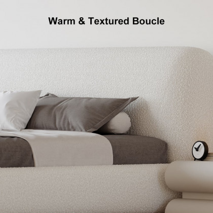 HMR Curva Boucle Queen Upholstered Platform Bed with Natural Legs - White, 60"Wx 80"L, Natural