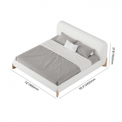 HMR Curva Boucle Queen Upholstered Platform Bed with Natural Legs - White, 60"Wx 80"L, Natural