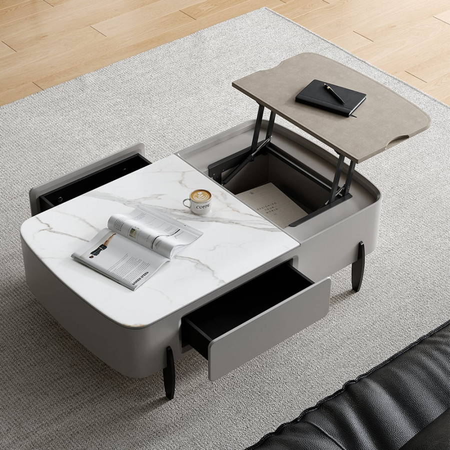 HMR - Galure Modern Light Gray Faux Marble Leather Lift Top Coffee Table with Storage