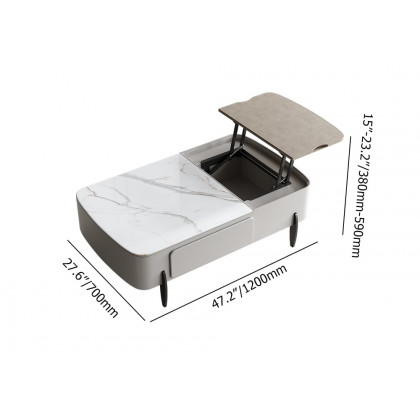 HMR - Galure Modern Light Gray Faux Marble Leather Lift Top Coffee Table with Storage