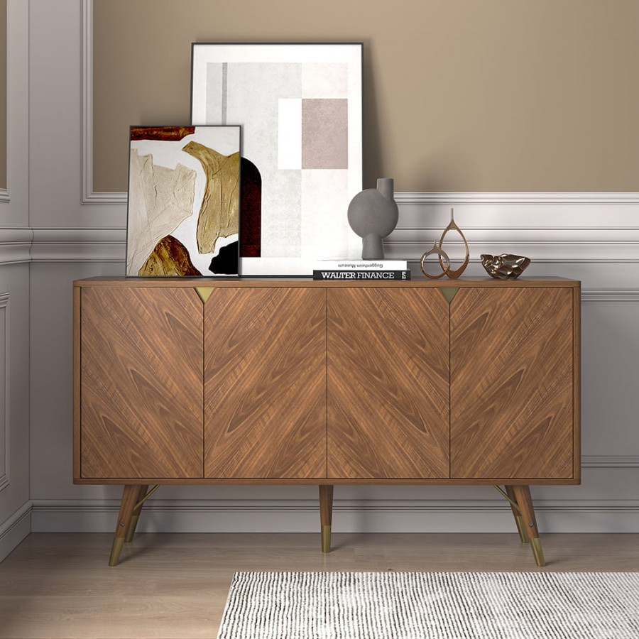 HMR - Capet Mid-Century 63" Walnut Sideboard Buffet 4-Door Kitchen Cabinet Adjustable Shelves