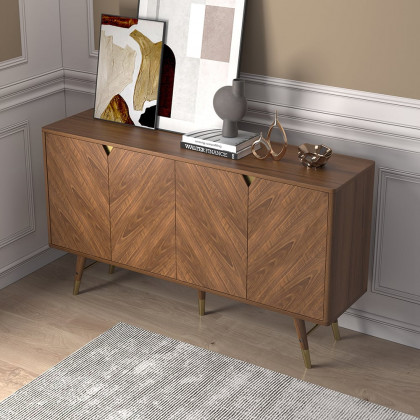 HMR - Capet Mid-Century 63" Walnut Sideboard Buffet 4-Door Kitchen Cabinet Adjustable Shelves
