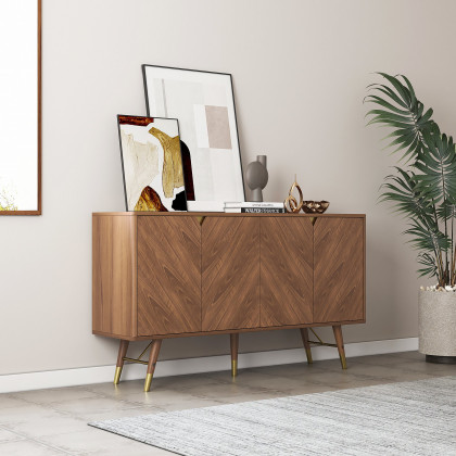 HMR - Capet Mid-Century 63" Walnut Sideboard Buffet 4-Door Kitchen Cabinet Adjustable Shelves