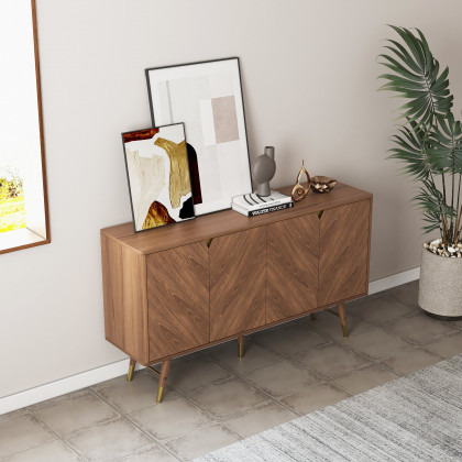 HMR - Capet Mid-Century 63" Walnut Sideboard Buffet 4-Door Kitchen Cabinet Adjustable Shelves
