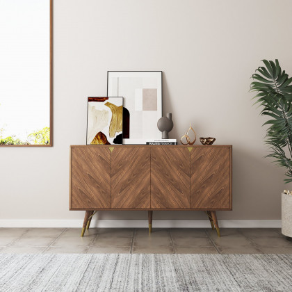 HMR - Capet Mid-Century 63" Walnut Sideboard Buffet 4-Door Kitchen Cabinet Adjustable Shelves