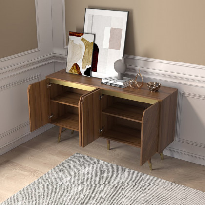 HMR - Capet Mid-Century 63" Walnut Sideboard Buffet 4-Door Kitchen Cabinet Adjustable Shelves