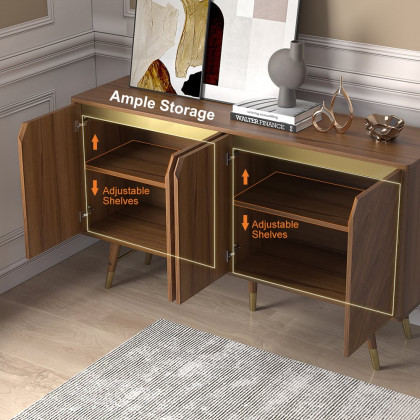HMR - Capet Mid-Century 63" Walnut Sideboard Buffet 4-Door Kitchen Cabinet Adjustable Shelves