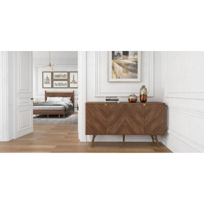HMR - Capet Mid-Century 63" Walnut Sideboard Buffet 4-Door Kitchen Cabinet Adjustable Shelves