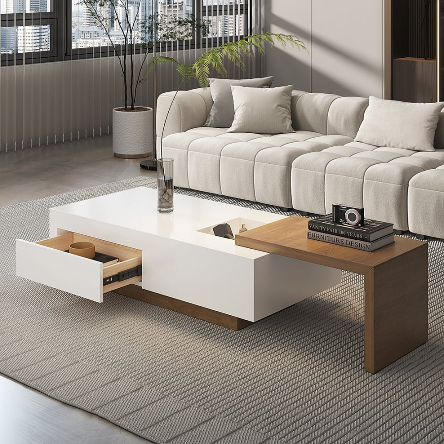 HMR - White & Walnut Extendable Rectangle Coffee Table with Drawer & Sliding Storage