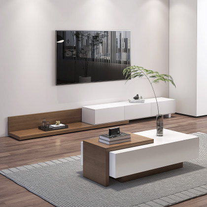 HMR - White & Walnut Extendable Rectangle Coffee Table with Drawer & Sliding Storage