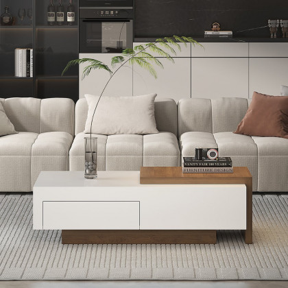 HMR - White & Walnut Extendable Rectangle Coffee Table with Drawer & Sliding Storage
