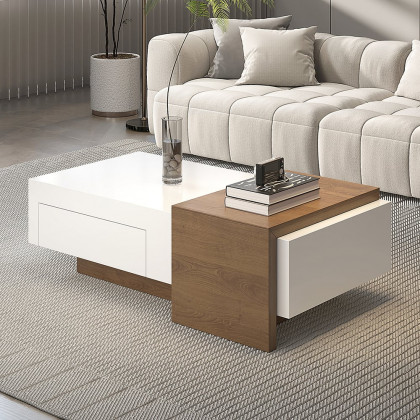 HMR - White & Walnut Extendable Rectangle Coffee Table with Drawer & Sliding Storage