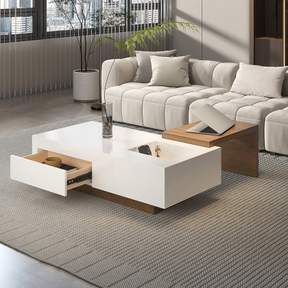 HMR - White & Walnut Extendable Rectangle Coffee Table with Drawer & Sliding Storage