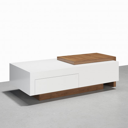 HMR - White & Walnut Extendable Rectangle Coffee Table with Drawer & Sliding Storage