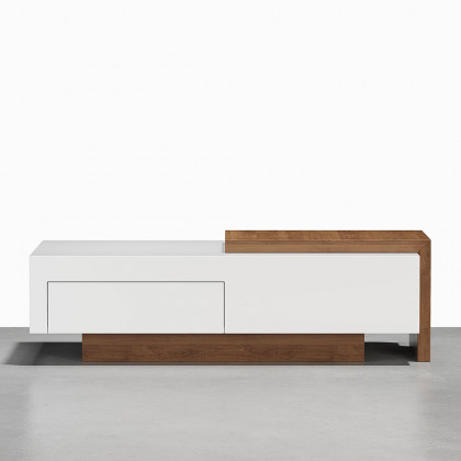 HMR - White & Walnut Extendable Rectangle Coffee Table with Drawer & Sliding Storage