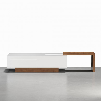 HMR - White & Walnut Extendable Rectangle Coffee Table with Drawer & Sliding Storage