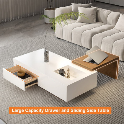HMR - White & Walnut Extendable Rectangle Coffee Table with Drawer & Sliding Storage