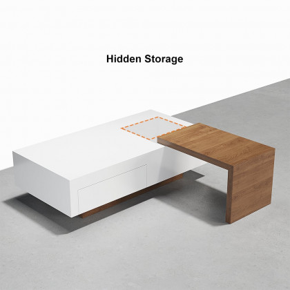 HMR - White & Walnut Extendable Rectangle Coffee Table with Drawer & Sliding Storage
