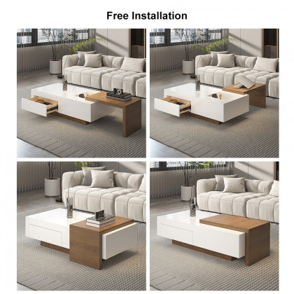 HMR - White & Walnut Extendable Rectangle Coffee Table with Drawer & Sliding Storage