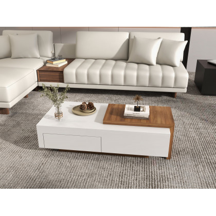 HMR - White & Walnut Extendable Rectangle Coffee Table with Drawer & Sliding Storage