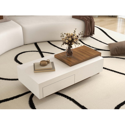 HMR - White & Walnut Extendable Rectangle Coffee Table with Drawer & Sliding Storage