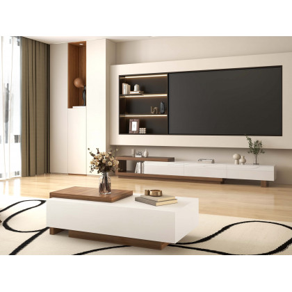 HMR - White & Walnut Extendable Rectangle Coffee Table with Drawer & Sliding Storage