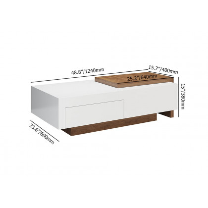 HMR - White & Walnut Extendable Rectangle Coffee Table with Drawer & Sliding Storage