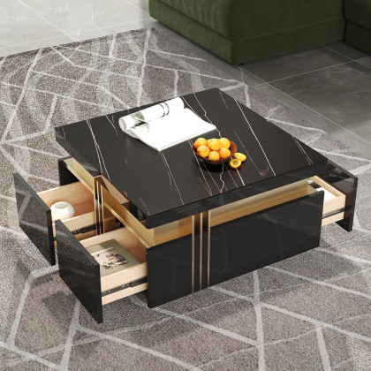 HMR Trimied Modern Square Storage Coffee Table Stone Top with 4 Wood Drawers - Black, 27.6"