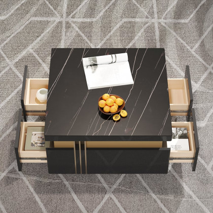HMR Trimied Modern Square Storage Coffee Table Stone Top with 4 Wood Drawers - Black, 27.6"