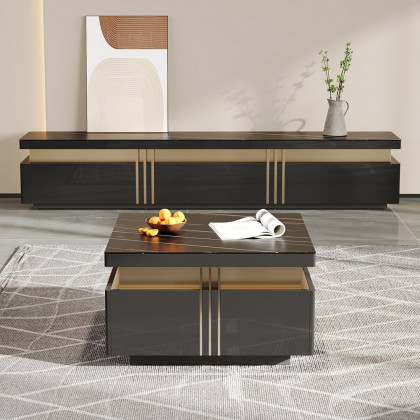 HMR Trimied Modern Square Storage Coffee Table Stone Top with 4 Wood Drawers - Black, 27.6"