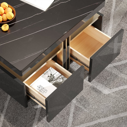 HMR Trimied Modern Square Storage Coffee Table Stone Top with 4 Wood Drawers - Black, 27.6"
