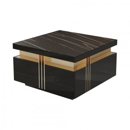 HMR Trimied Modern Square Storage Coffee Table Stone Top with 4 Wood Drawers - Black, 27.6"