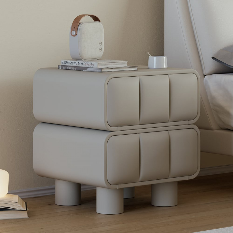 HMR - Modern Gray Smart Nightstand Leather Bedside Table with Wireless Charger & USB Port