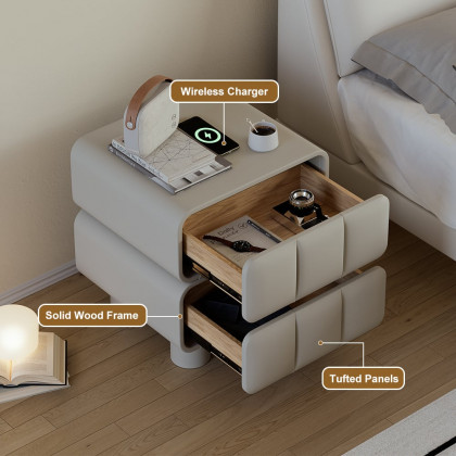 HMR - Modern Gray Smart Nightstand Leather Bedside Table with Wireless Charger & USB Port