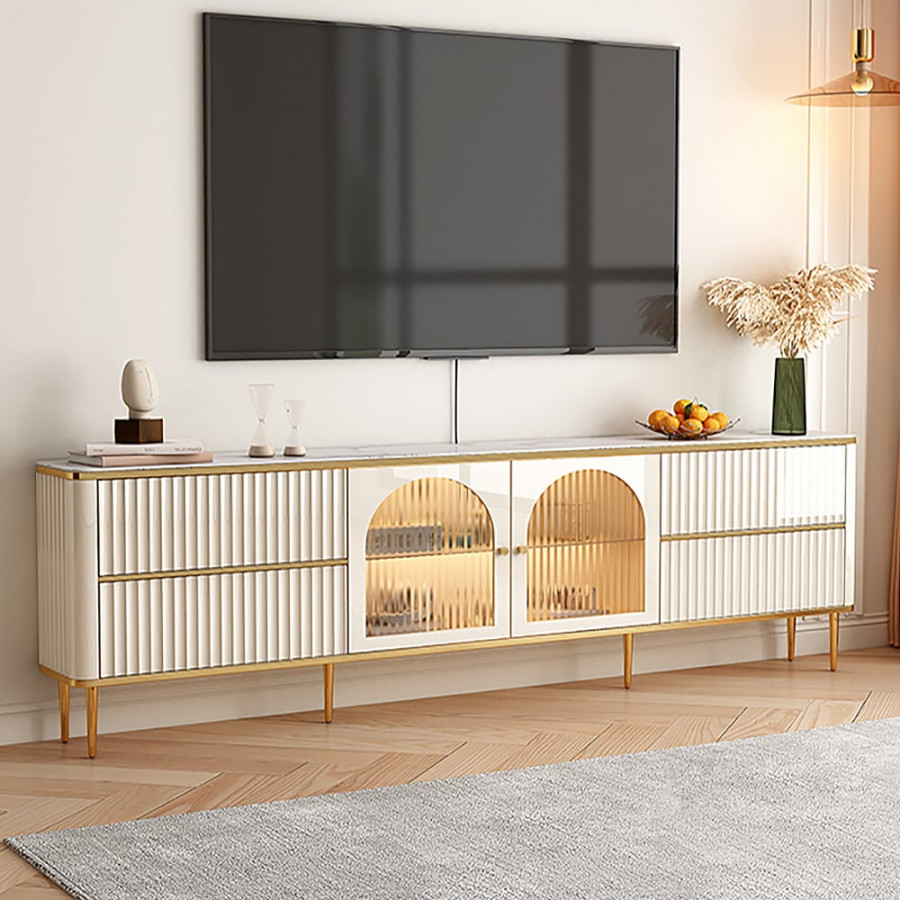 HMR - 80" White Glass Door Fluted Stone TV Stand Wood Media Cabinet for 85" TV with Drawers