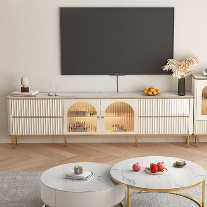 HMR - 80" White Glass Door Fluted Stone TV Stand Wood Media Cabinet for 85" TV with Drawers