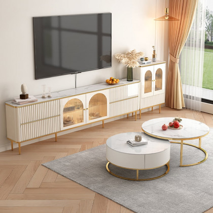 HMR - 80" White Glass Door Fluted Stone TV Stand Wood Media Cabinet for 85" TV with Drawers