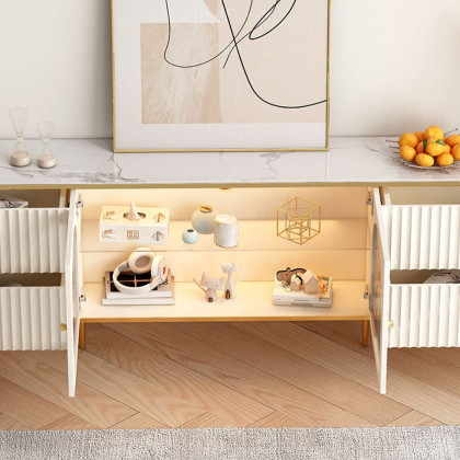 HMR - 80" White Glass Door Fluted Stone TV Stand Wood Media Cabinet for 85" TV with Drawers