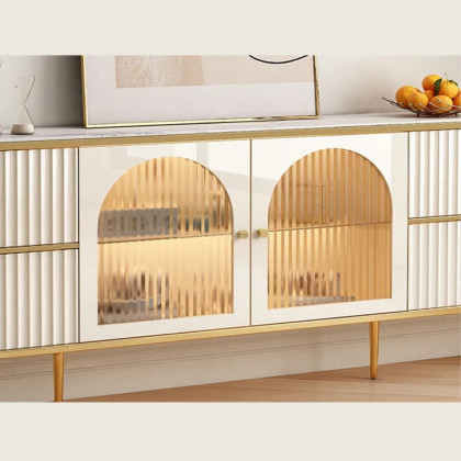 HMR - 80" White Glass Door Fluted Stone TV Stand Wood Media Cabinet for 85" TV with Drawers