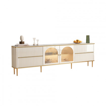 HMR - 80" White Glass Door Fluted Stone TV Stand Wood Media Cabinet for 85" TV with Drawers
