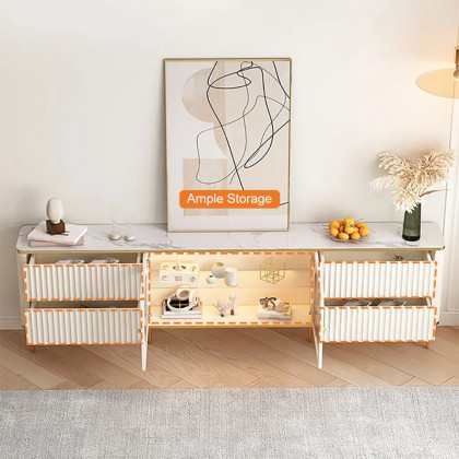 HMR - 80" White Glass Door Fluted Stone TV Stand Wood Media Cabinet for 85" TV with Drawers