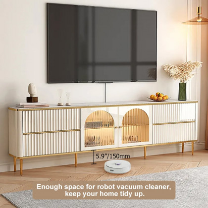 HMR - 80" White Glass Door Fluted Stone TV Stand Wood Media Cabinet for 85" TV with Drawers