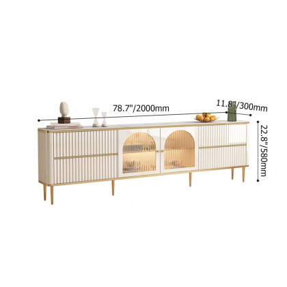HMR - 80" White Glass Door Fluted Stone TV Stand Wood Media Cabinet for 85" TV with Drawers