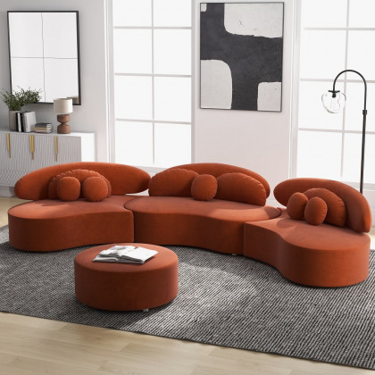 HMR Curved Sectional Sofa with Ottoman & Pillows - Orange, Velvet, 145.7"L x 31.5"W x 30.7"H